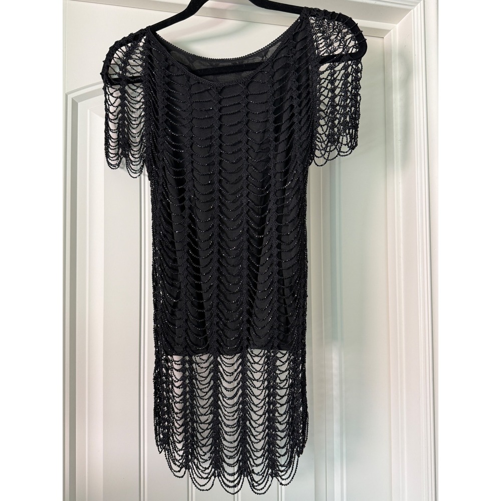 Black Beaded Crochet Spiderweb Tunic Top Goth Witchy Whimsigoth M